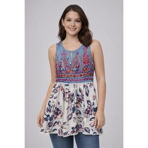 Penelope Project Tunic Women Small Blue Floral‎ Embroidered Boho Sleeveless